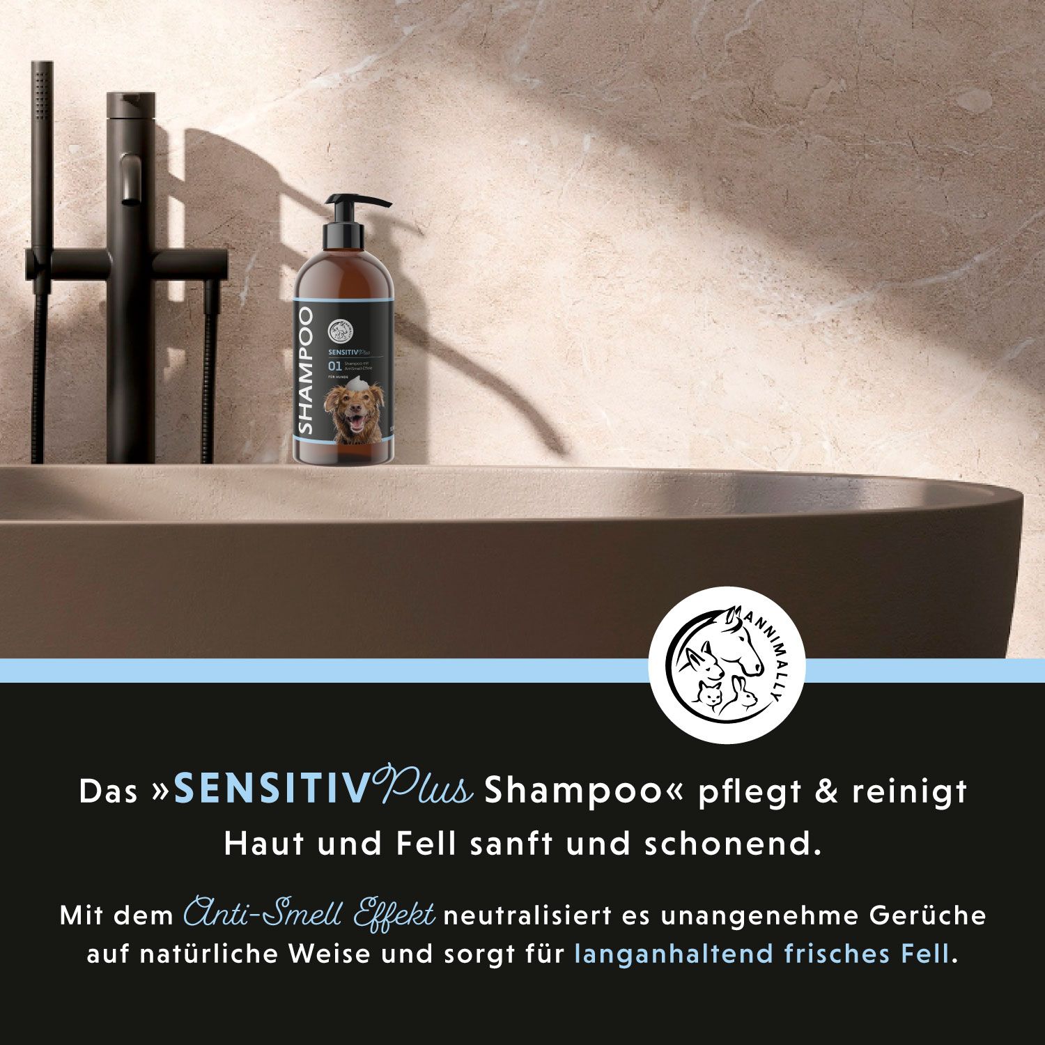 Badewanne mit Shampoo-Flasche. Text über Produktpflege. Logo und Produktname. Hintergrund in Beige- und Blautönen.