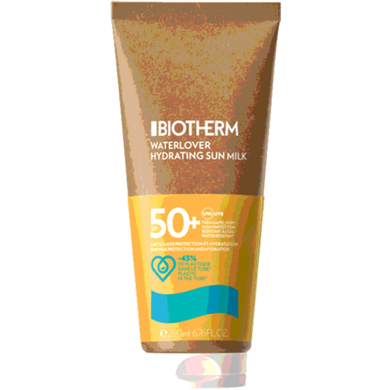Sonnenmilch-Tube. Gelbe Tube mit blauem Wellenmuster. Text: Waterlover Hydrating Sun Milk LSF50. 200ml.