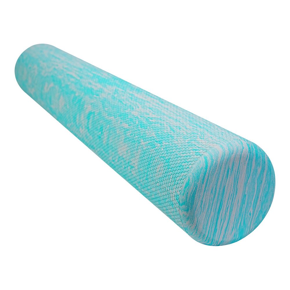 Zylindrischer Pilates-Roller, blau-weiß marmoriert. Produktansicht, diagonale Perspektive, freigestellt vor weißem Hintergrund.