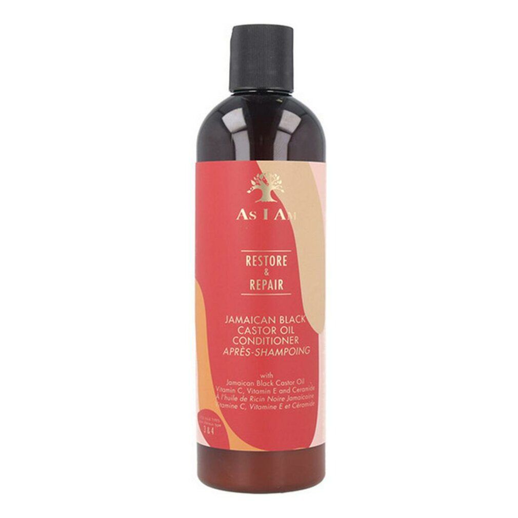 Flasche mit rotem Etikett. Aufschrift: As I Am, Restore & Repair, Jamaican Black Castor Oil Conditioner.