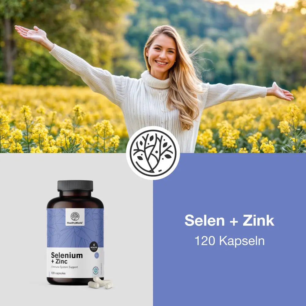 Frau im Feld mit Flasche und Kapseln. Aufschrift: Selen + Zink, 120 Kapseln. Logo: HealthyWorld.