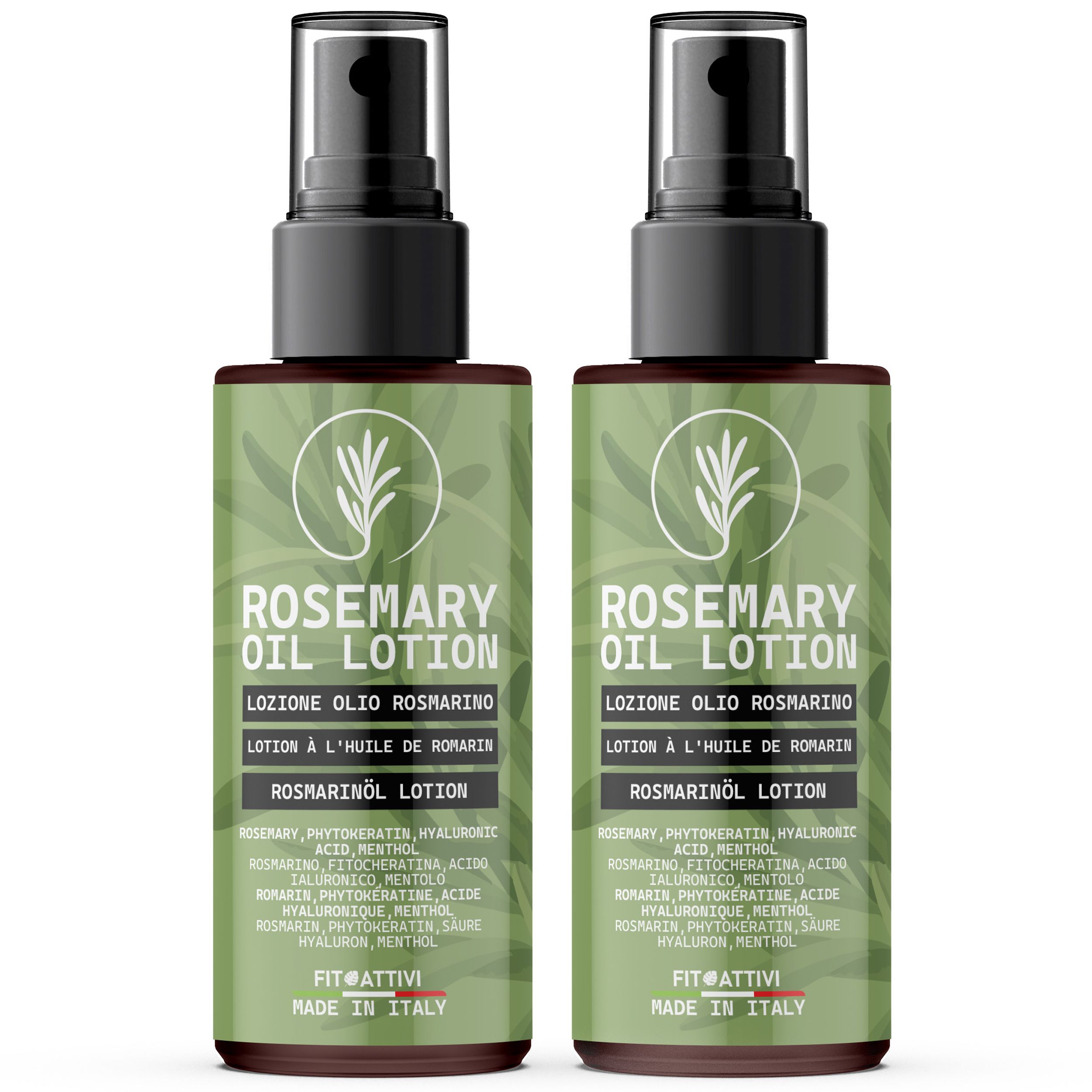 Zwei Flaschen Rosmarinöl-Lotion. Braune Flaschen mit schwarzem Sprühkopf. Grüne Etiketten mit Text und Logo. "Fitoattivi" und "Made in Italy".
