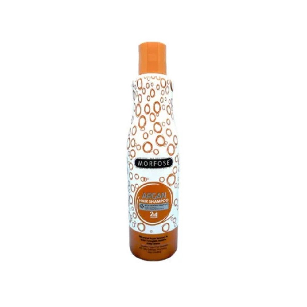 Flasche mit orangefarbenem Deckel. Aufschrift MORFOSE, ARGAN HAIR SHAMPOO 2in1. Weißes Etikett mit braunen Kreisen.