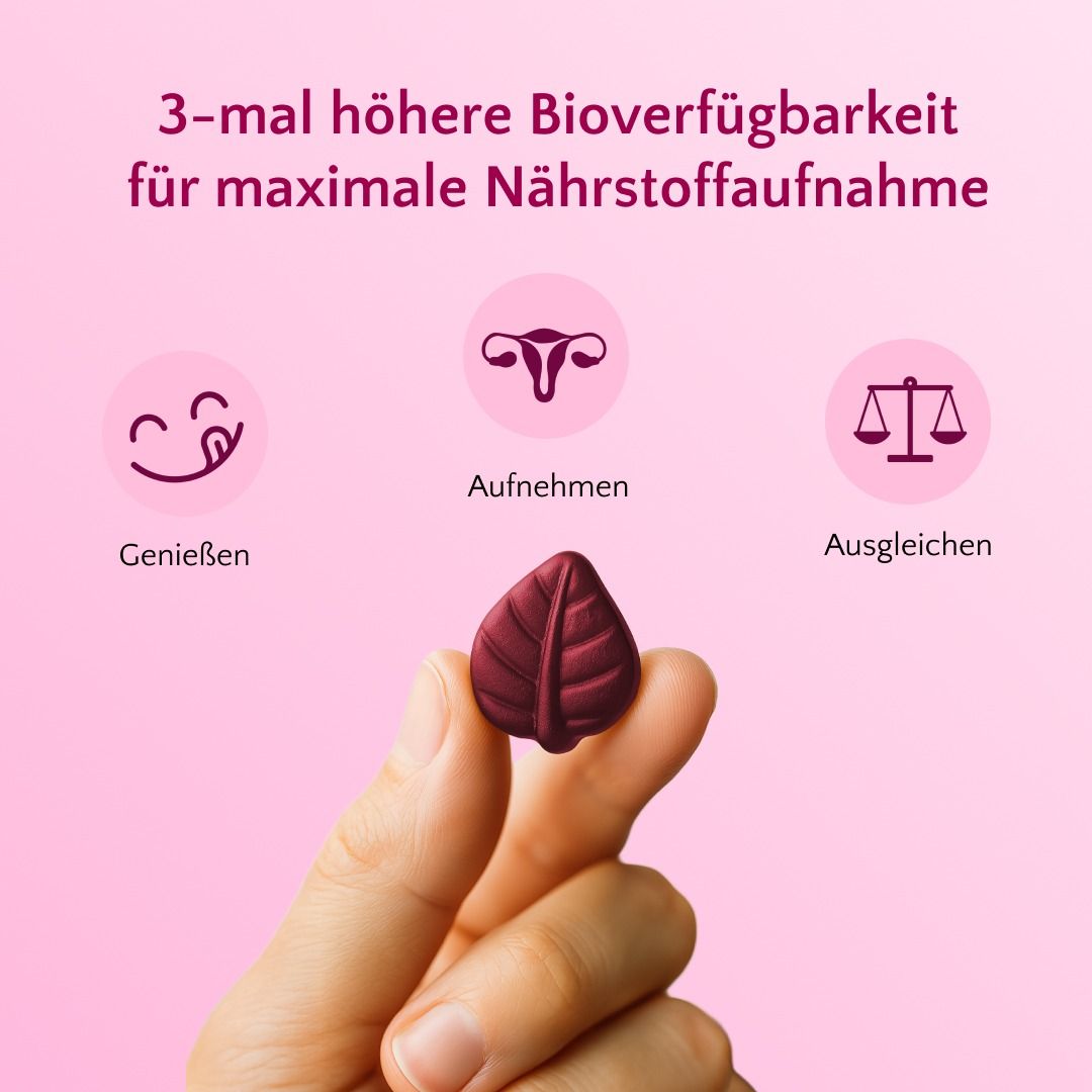 Hand hält Gummie. Text: Genießen, Aufnehmen, Ausgleichen. 3-mal höhere Bioverfügbarkeit für maximale Nährstoffaufnahme.