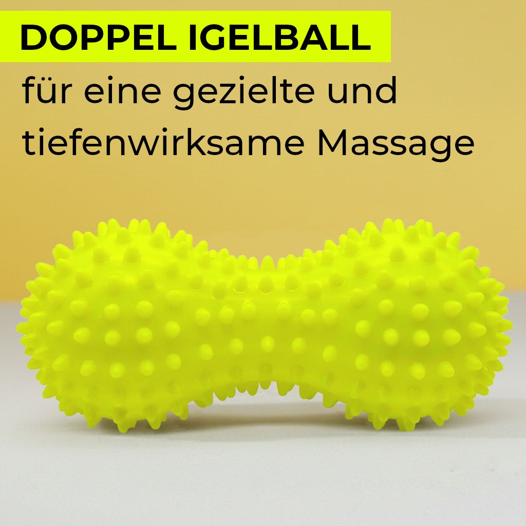 Fußmassage-Set 2-in-1: Gelber Igelball (12x6cm) und schwarzer Roller (16,5x6,5cm).