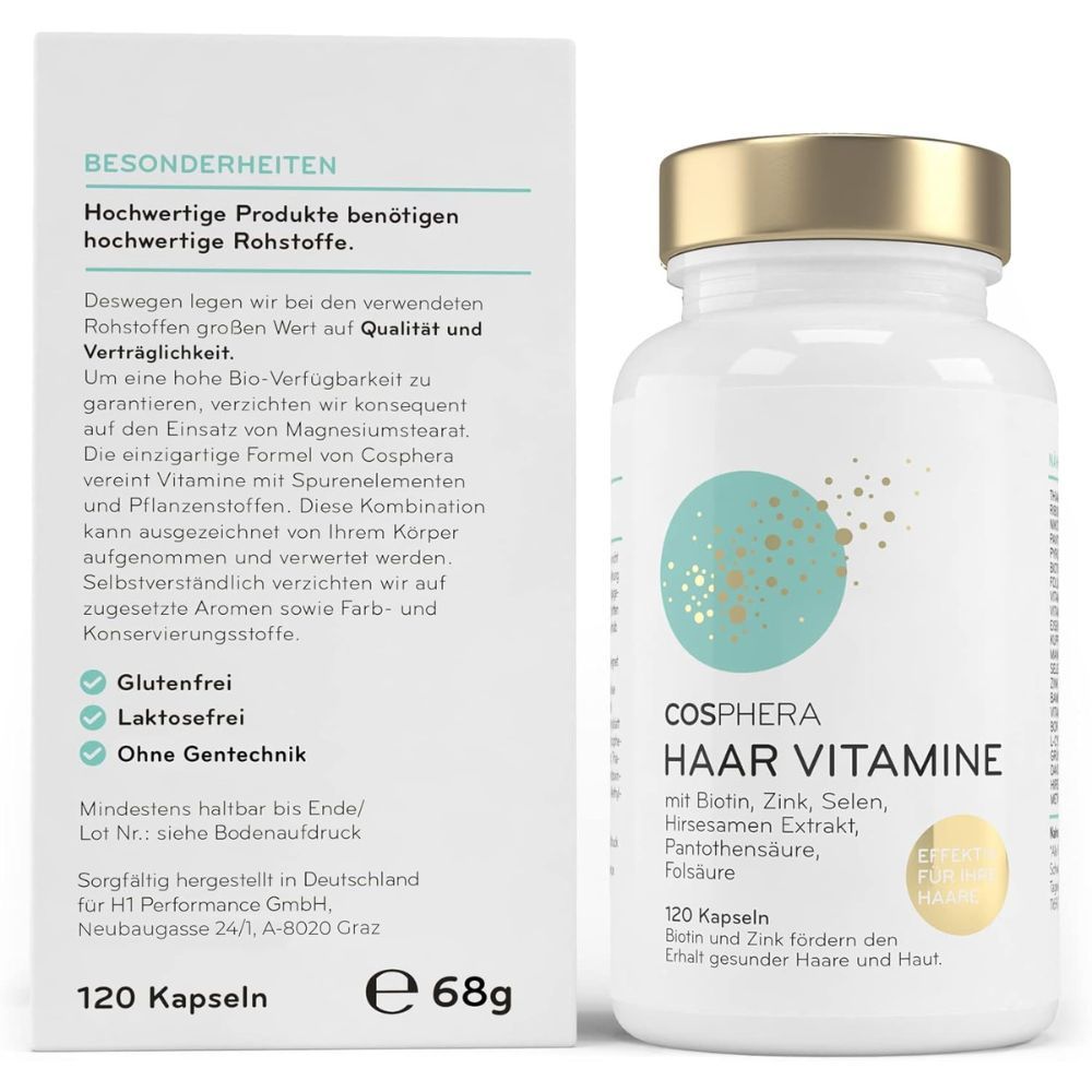Weiße Flasche und Schachtel mit Cosphera Haar Vitamine. Enthält 120 Kapseln. Aufschrift: Biotin, Zink, Selen, Pantothensäure, Folsäure.