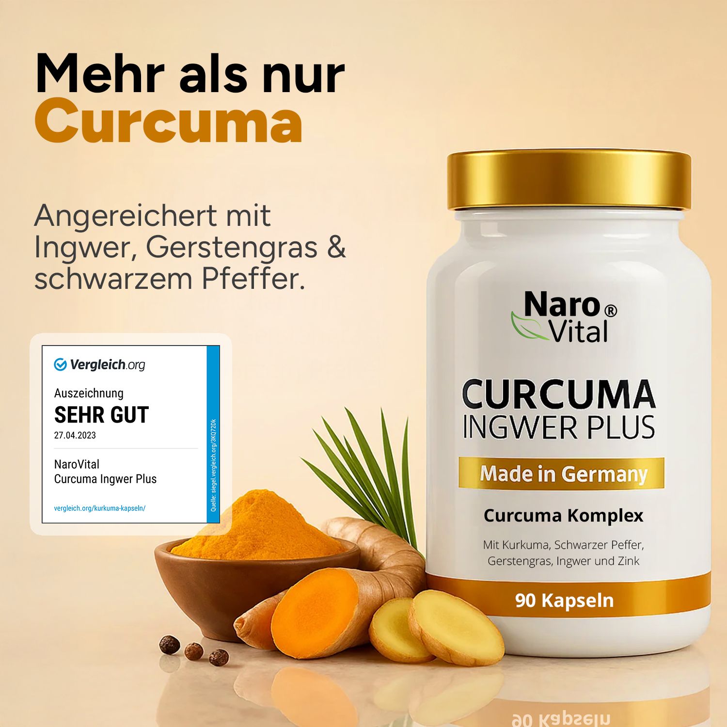 Flasche NAROVITAL® Curcuma Ingwer Plus, Kurkuma, Ingwer, schwarzer Pfeffer. Auszeichnung: Sehr Gut. Text: Mehr als nur Curcuma.