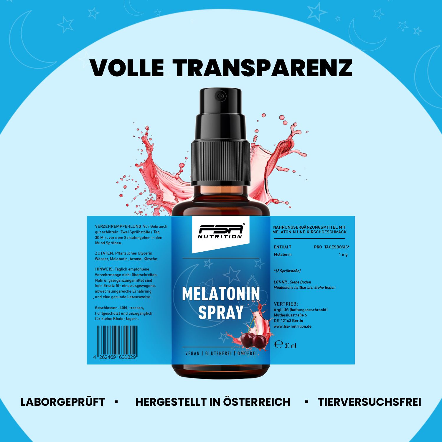 Braune Flasche mit blauem Etikett, FSA Nutrition Melatonin Spray. Laborgeprüft, hergestellt in Österreich, tierversuchsfrei. Produktinformationen.