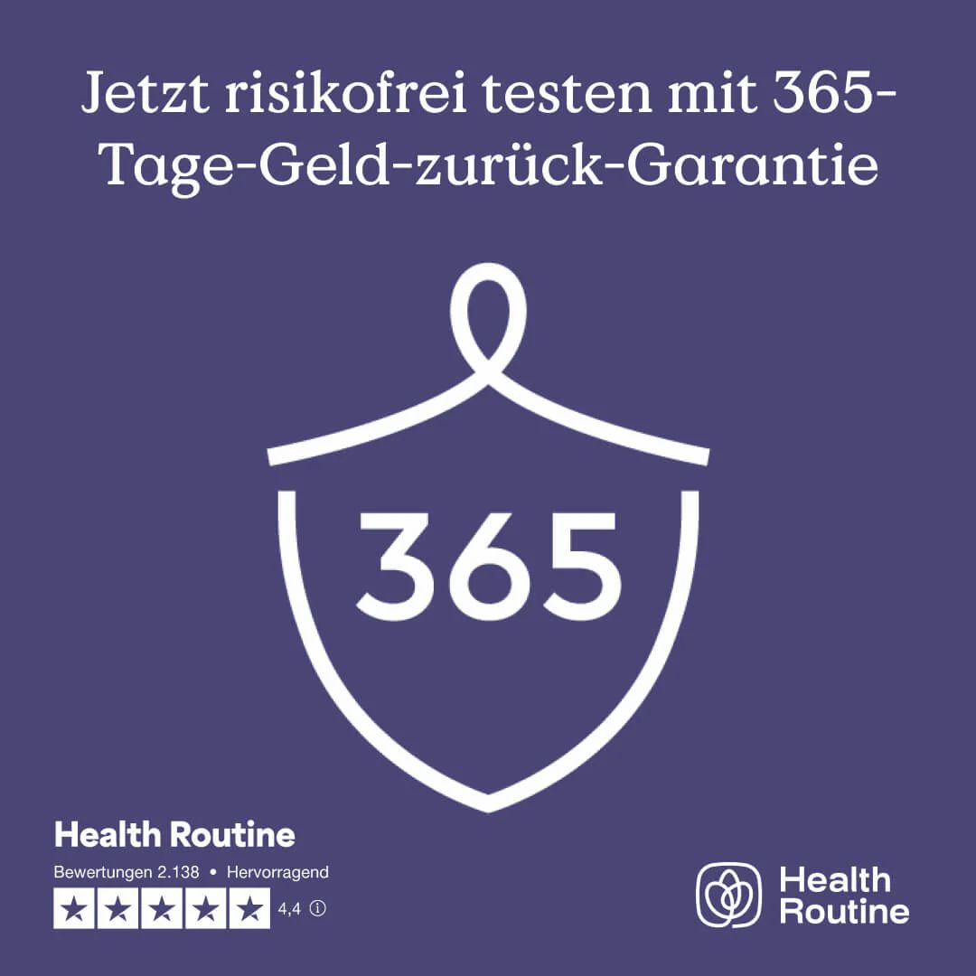 Schild mit Text: 365-Tage-Geld-zurück-Garantie. Sterne-Bewertung. Logo Health Routine.