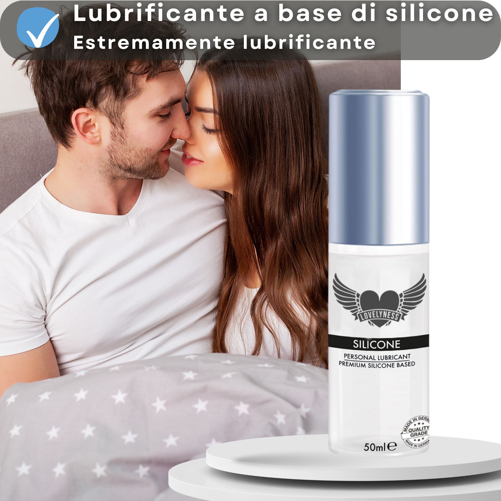 Gleitgel-Flasche mit silbernem Deckel. Text: Silicone, Personal Lubricant. 50ml. Mit Wärme-Effekt.