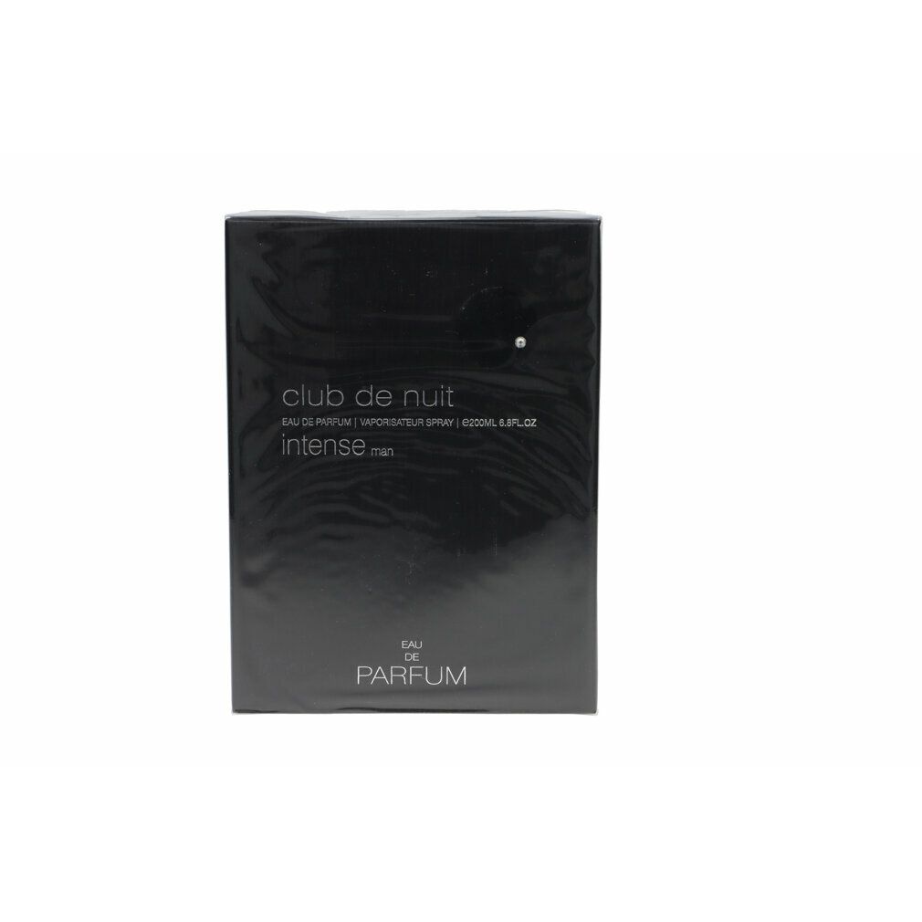 Schwarzer Karton mit Produktnamen und -details. "Club de Nuit Intense man" und "Eau de Parfum" sind sichtbar.