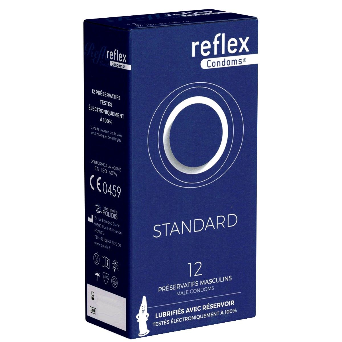 Blaue Schachtel mit Kondomen. Aufschrift "reflex Condoms", "STANDARD" und "12". Mit CE-Kennzeichnung.