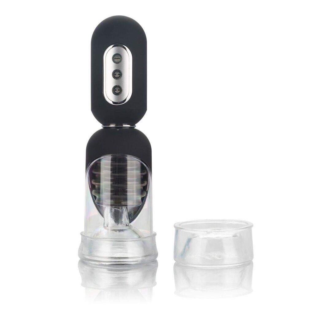 Vakuumpumpe mit Vibrationsfunktion. Schwarzes Oberteil mit Knöpfen, transparentem Zylinder und abnehmbarem Teil.