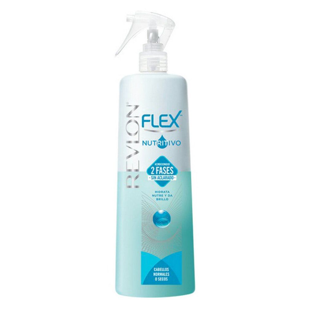 Flacone spray bianco-azzurro. Scritta: Revlon Flex Nutritivo 2 Fases. Per capelli normali e secchi.