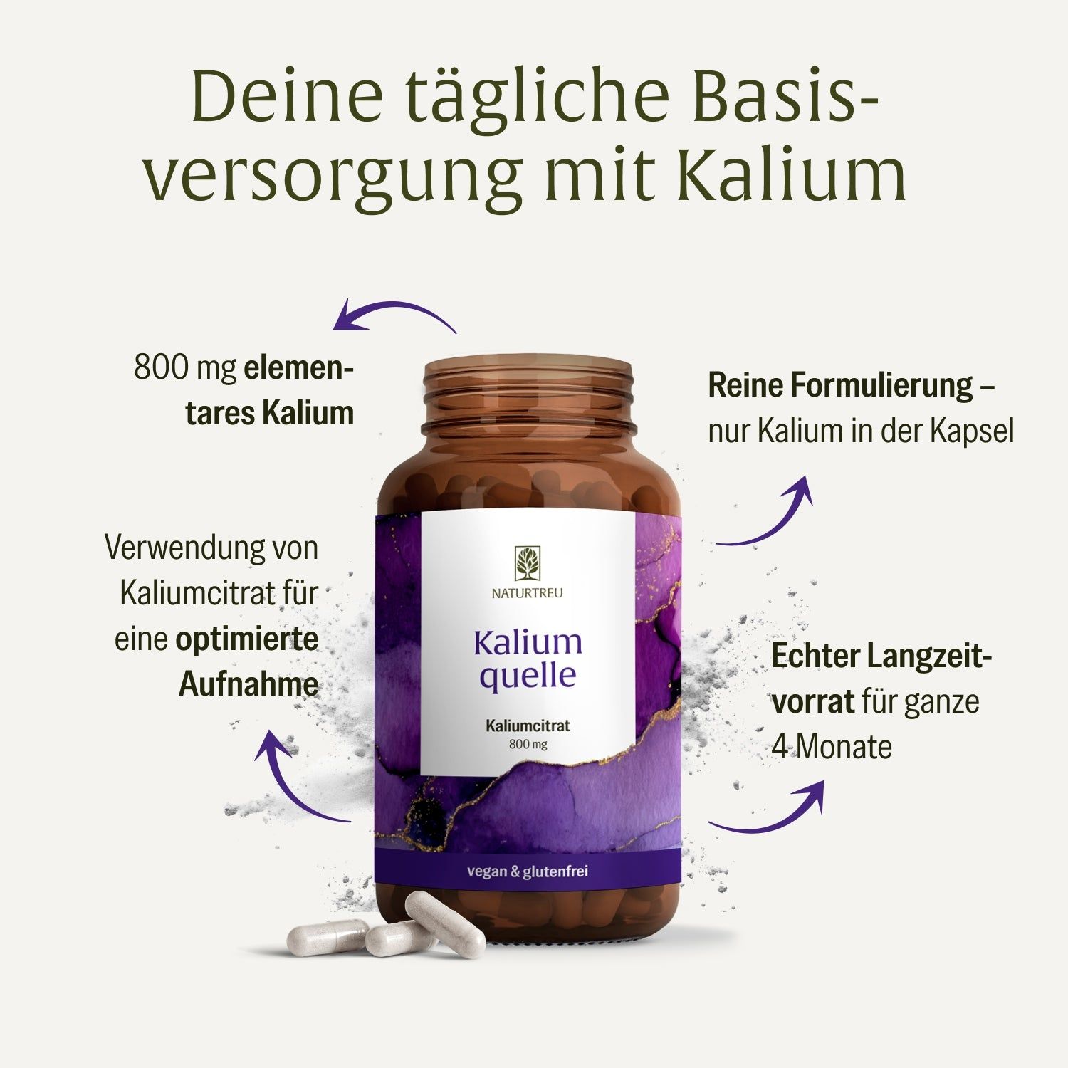 Braune Glasflasche mit Kaliumcitrat-Kapseln, 800 mg elementares Kalium, vegan & glutenfrei.