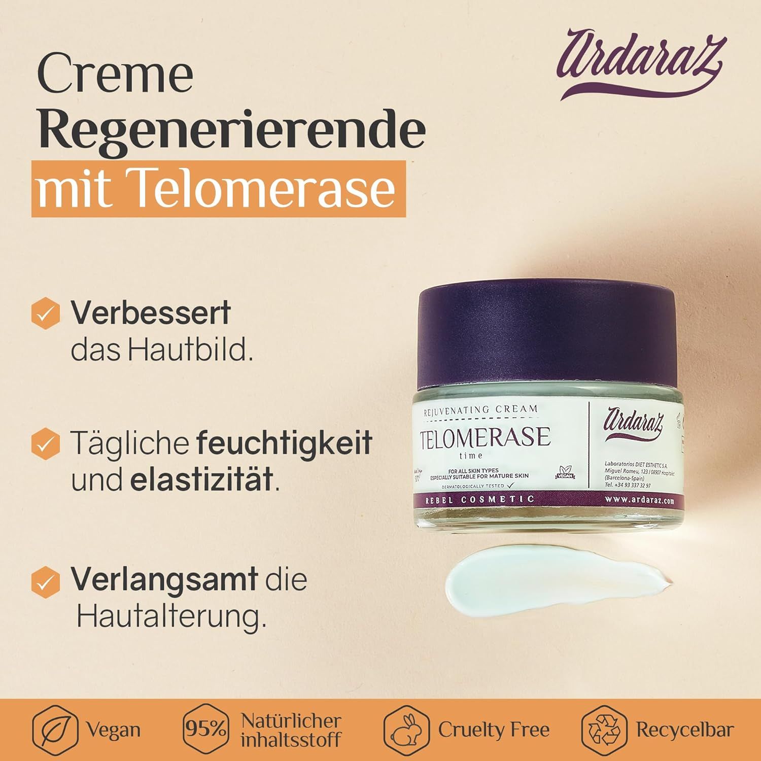 Creme Ardaraz Gesichtscreme Telomerase in Glas. Text: Creme Regenerierende mit Telomerase. Vegan, 95% natürlicher Inhaltsstoff, Cruelty Free, Recycelbar.