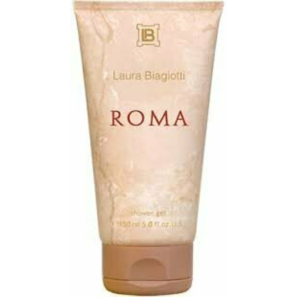 Beige Tube mit braunem Deckel. Aufschrift: Laura Biagiotti, ROMA, shower gel. Volumen: 150 ml.