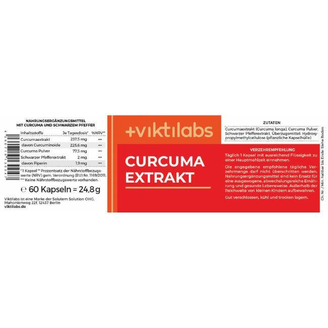 Etikett 'CURCUMA EXTRAKT' mit Nährwertangaben und Zutaten. Marke: Viktilabs. 60 Kapseln. Einnahmeempfehlung.