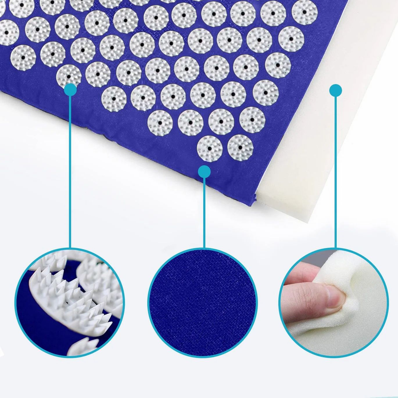Nahaufnahme eines blauen Akupressur-Tapis. Weiße Noppen auf blauem Stoff. Detailansichten.
