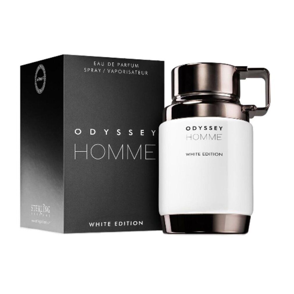 Weißer Flakon mit schwarzem Deckel und Griff, neben einer schwarzen Schachtel. Aufschrift: Odyssey Homme White Edition. Eau de Parfum Spray.