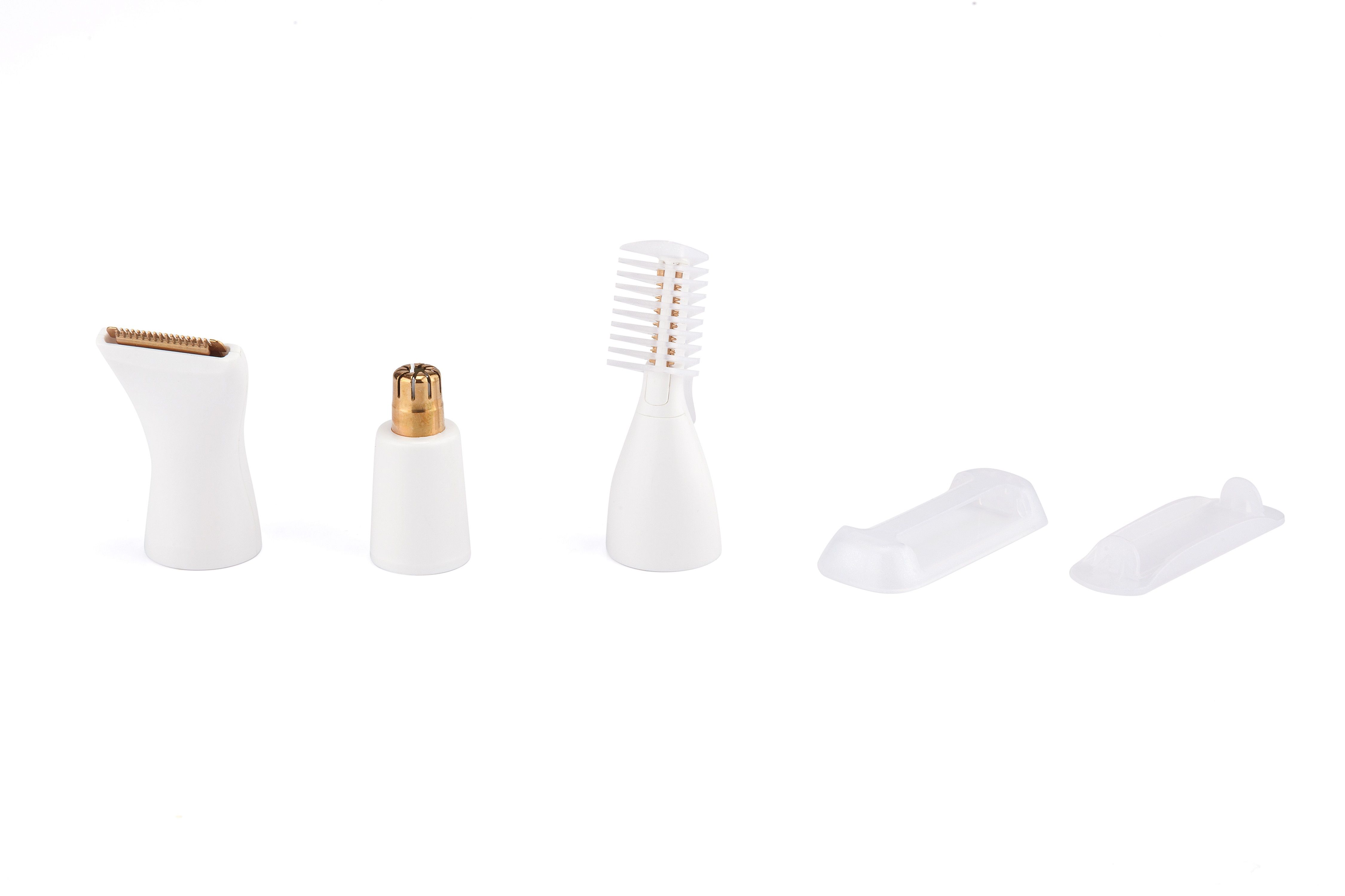 Verschiedene Aufsätze für einen Epilierer. Enthalten sind Trimmer, Rasieraufsatz und Schutzaufsätze.