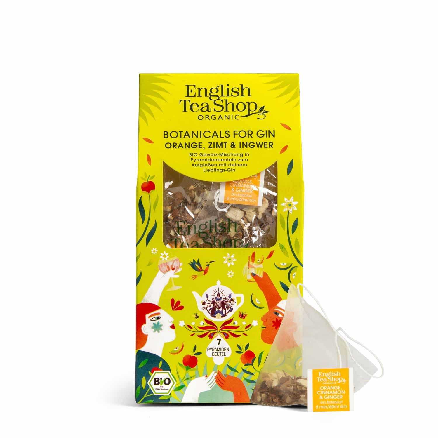 Gelbe Verpackung mit Botanicals für Gin. Bio-Siegel. 7 Pyramidenbeutel. English Tea Shop.