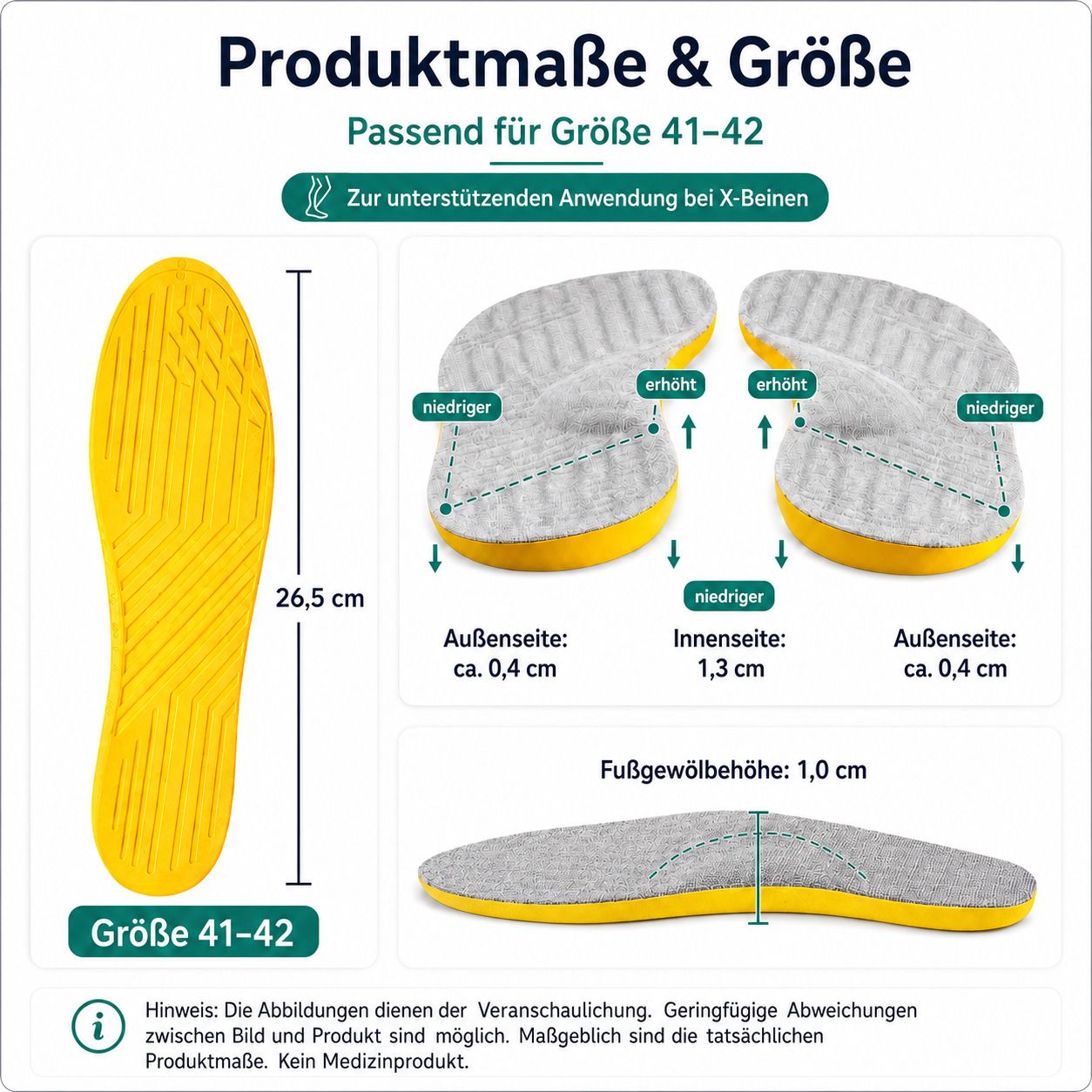 Einlegesohle mit Größenangabe 41-42 und Längenmaß 26,5 cm. Zeigt Produktmaße und Passform.