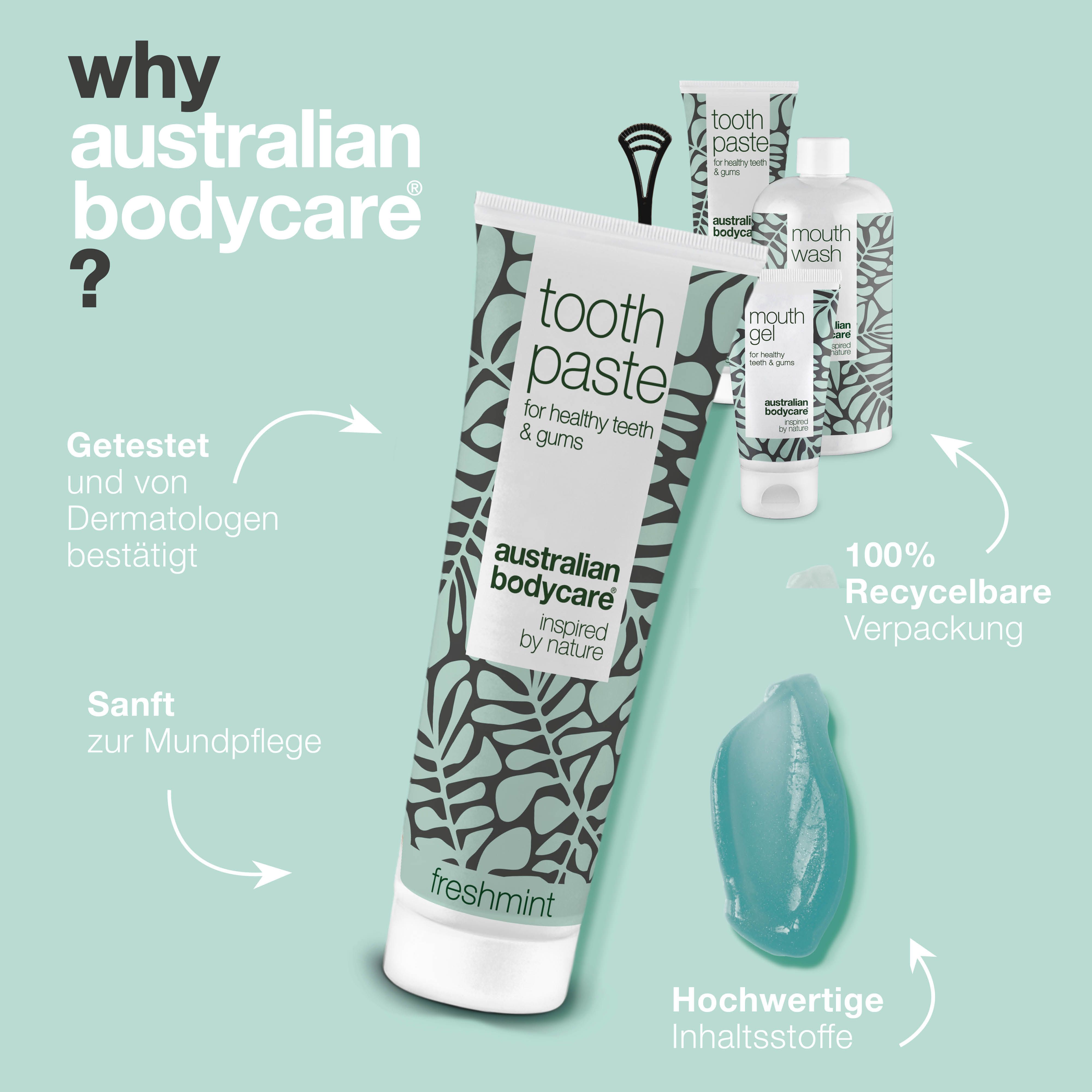 Zahnpasta, Mundwasser und Mundgel. Zahnpasta mit blauem Gel. Produkte von Australian Bodycare.