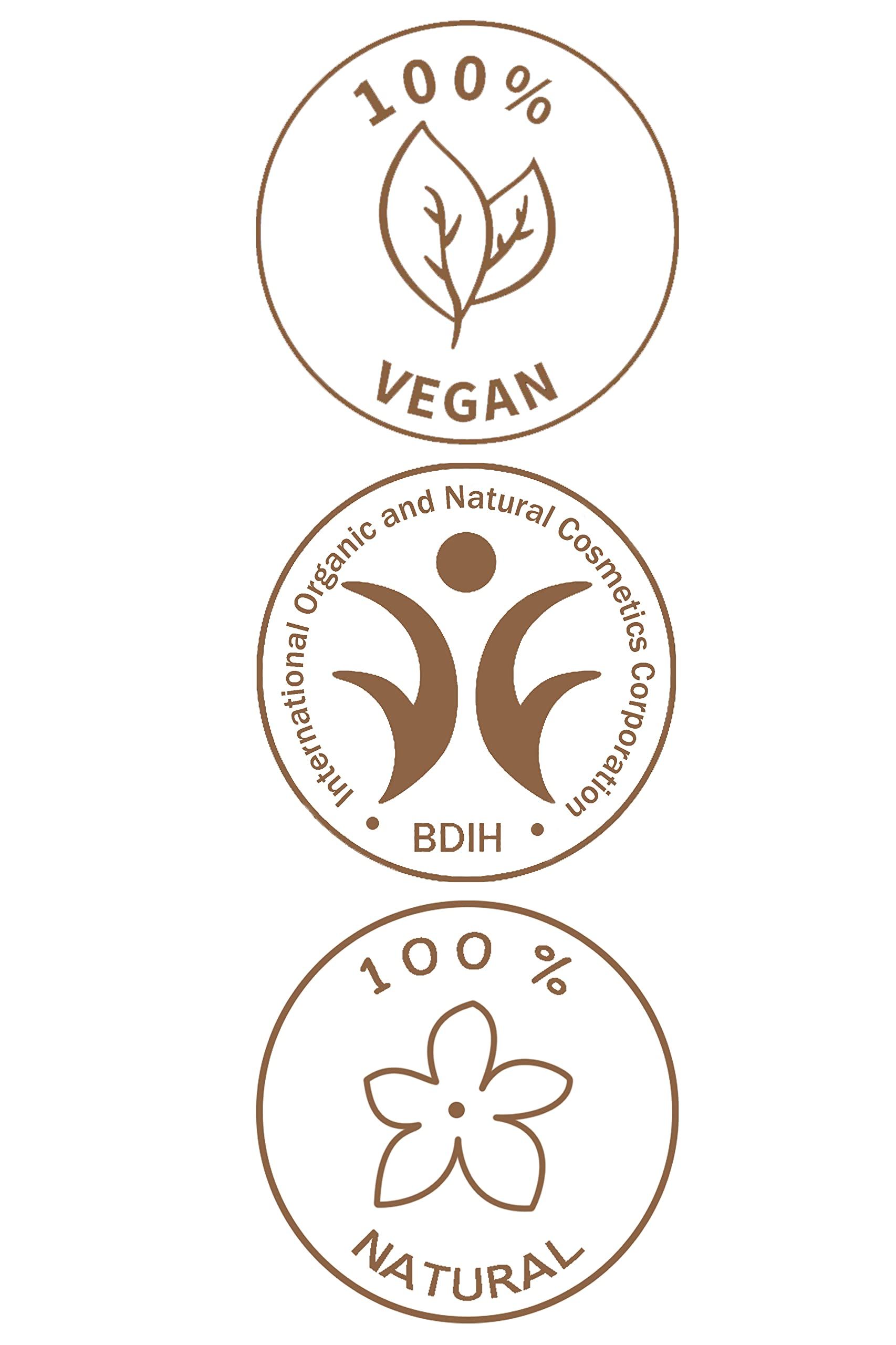 Drei runde Siegel. Oben: 100% Vegan. Mitte: BDIH-Siegel für Naturkosmetik. Unten: 100% Natural.