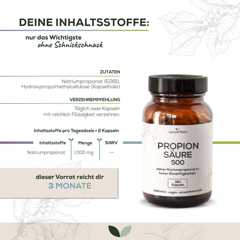 Braune Glasflasche mit Kapseln. Aufschrift: Propionsäure 500. Zutatenliste. Empfehlung: 2 Kapseln täglich. Vorrat für 3 Monate.