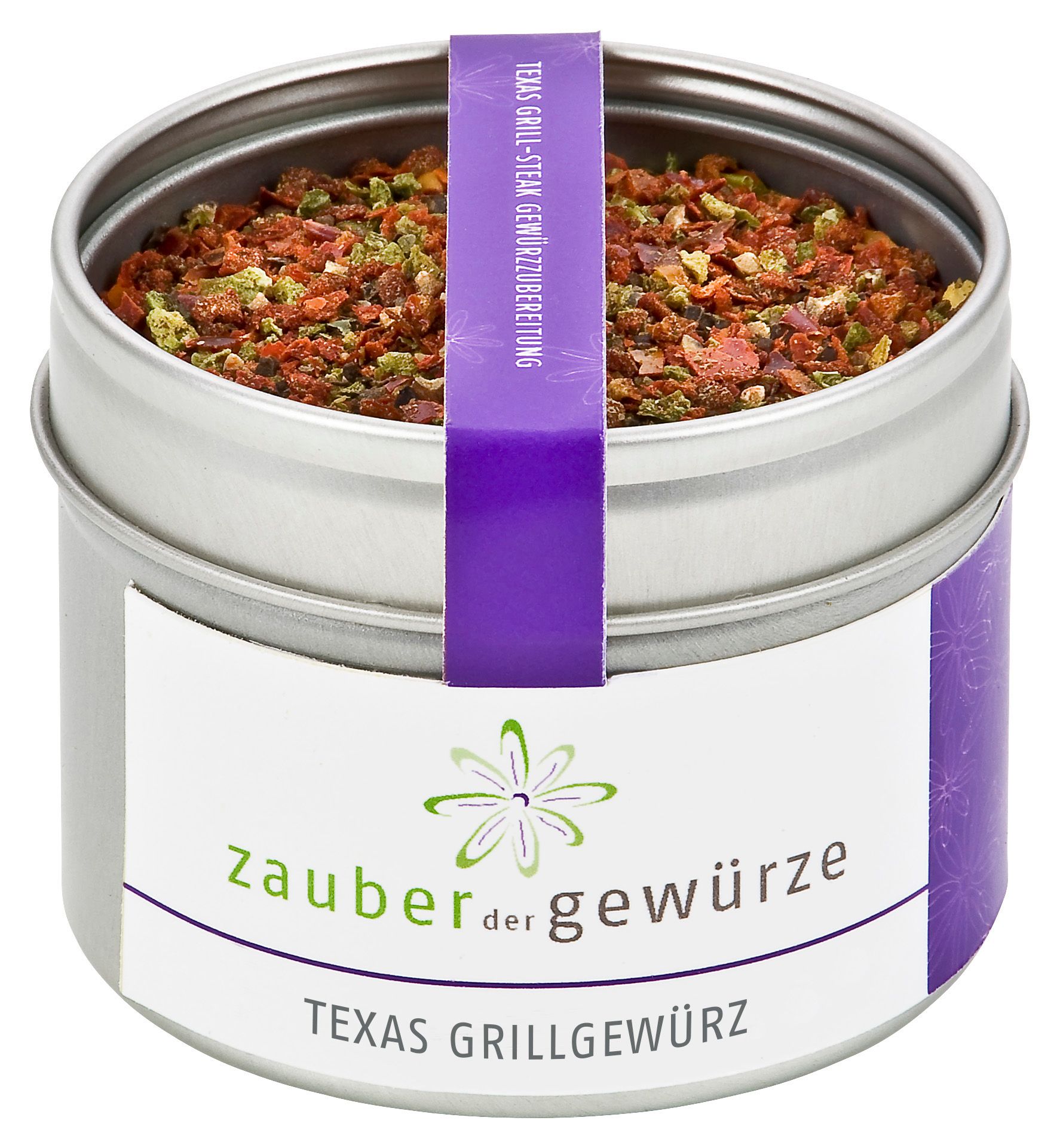 Runde Dose mit Gewürzmischung. Lila Band mit Text. Etikett mit Logo und Schriftzug: Zauber der Gewürze Texas Grillgewürz.