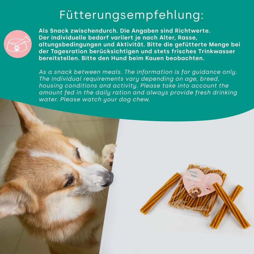 Ein Hund neben einem Text mit Fütterungsempfehlung und Sticks.