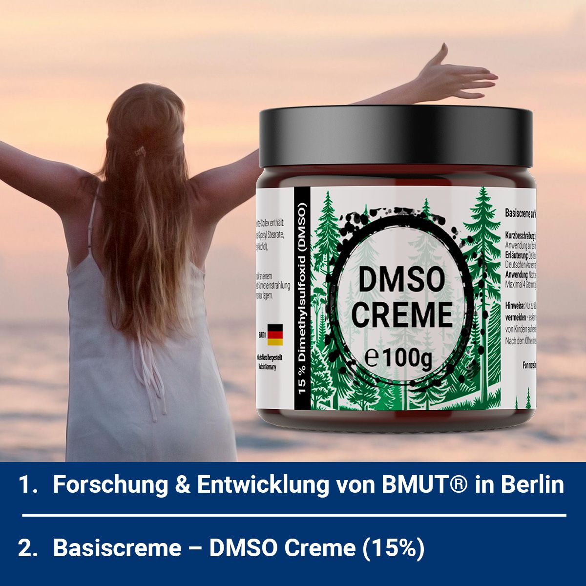 Frau mit erhobenen Armen vor Sonnenuntergang. Im Hintergrund "DMSO CREME e100g" im Tiegel. Text: Forschung & Entwicklung von BMUT®.