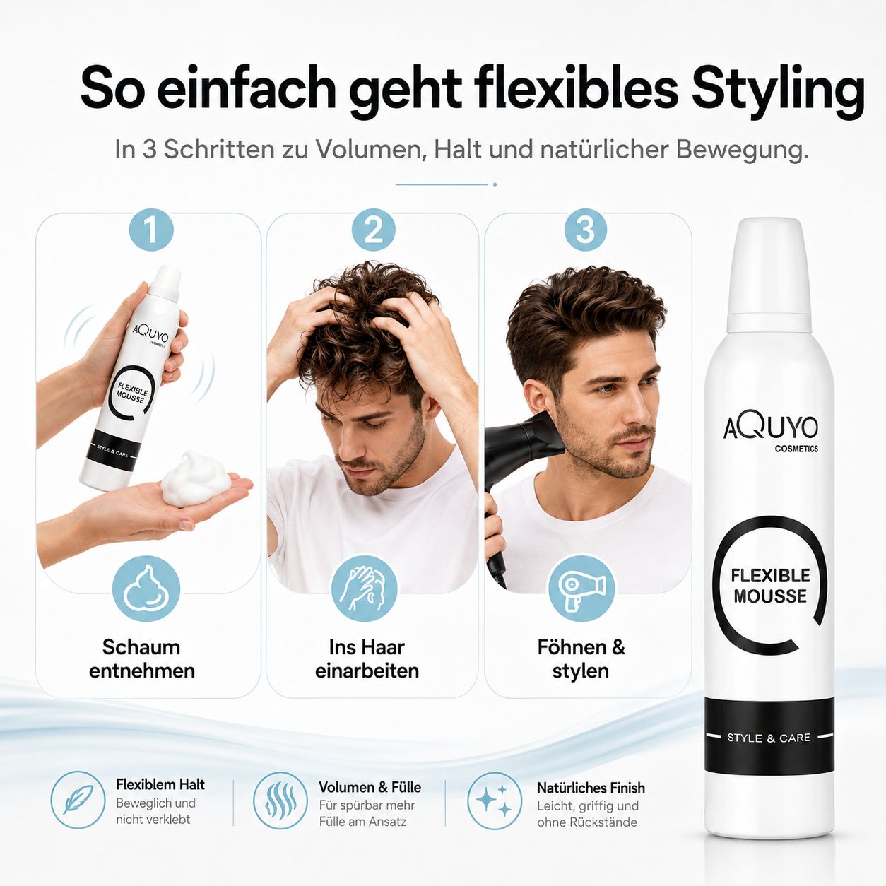 Mann stylt lockiges Haar mit Mousse. Schritte 1-3 zeigen Anwendung. Dose daneben. Icons zeigen "Flexibler Halt", "Volumen & Fülle".