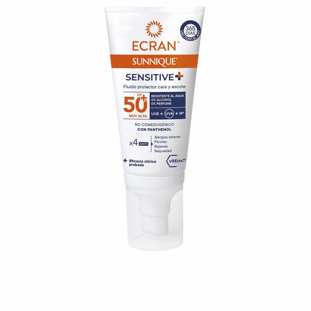 Weisse Tube mit orangefarbener Aufschrift. Produktname: Ecran Sunnique Sensitive+. SPF50+. Text: Resistente al agua, 0% alcohol, 0% perfume.