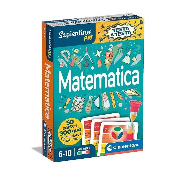 Gioco di carte quiz di matematica Clementoni Sapientino Più. La confezione mostra il prodotto con il titolo "Matematica" e il logo "Sapientino Più". Contiene 50 carte e 300 quiz per bambini dai 6 ai 10 anni. Il gioco è "Made in Italy".