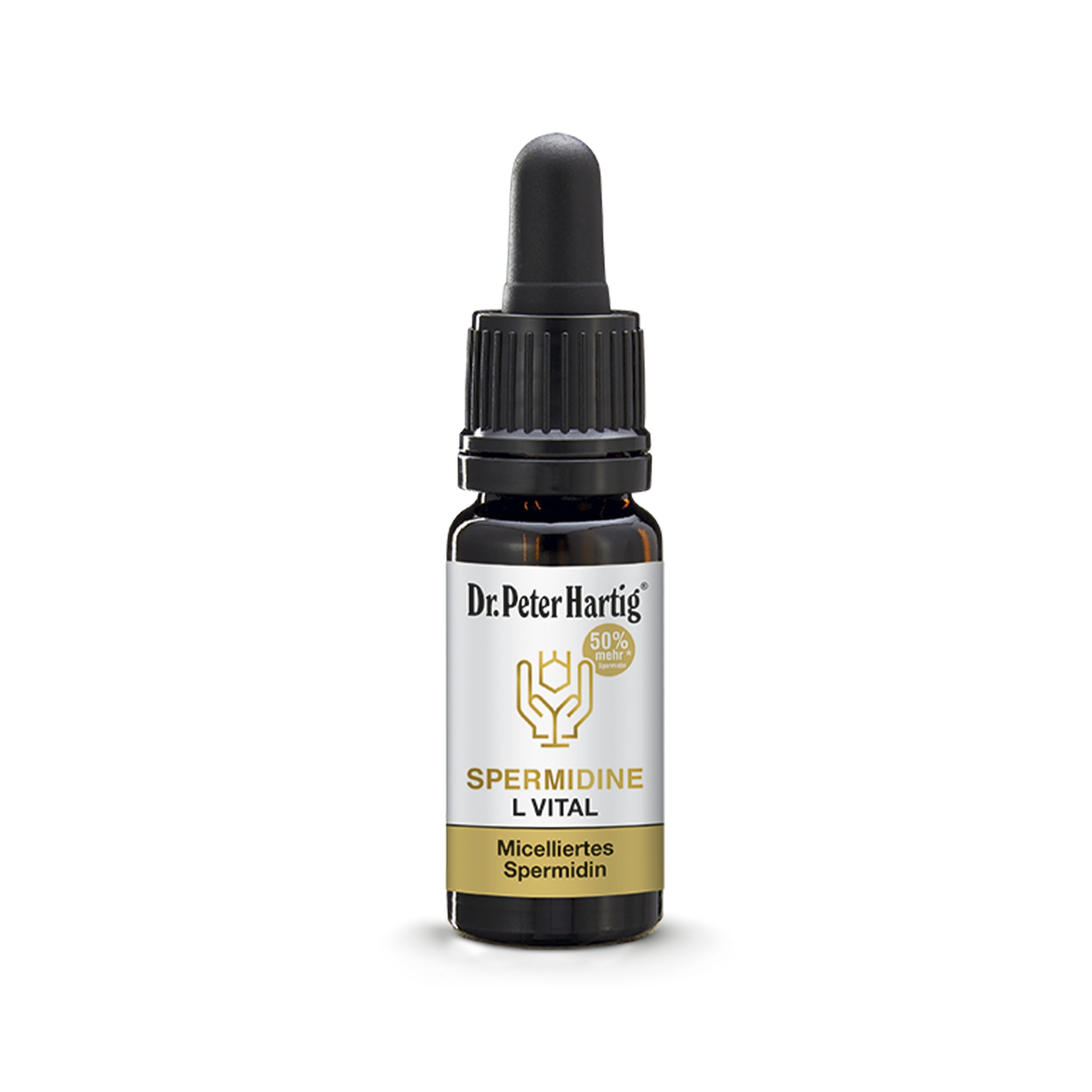 Braune Glasflasche mit schwarzem Tropfer. Etikett mit Produktnamen und Logo. Aufschrift: Spermidine L Vital.