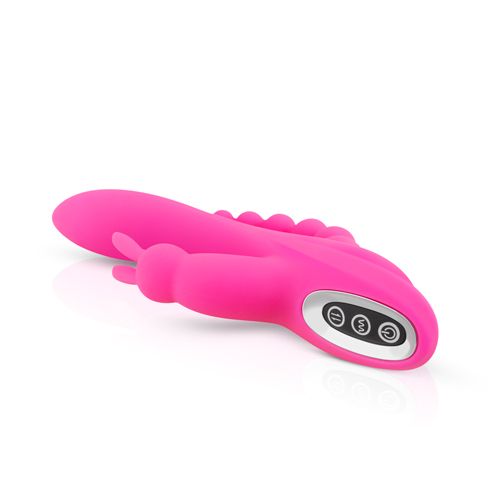 Pinkfarbener Doppelter-Vibrator. Mit drei Knöpfen und geriffelter Oberfläche. Auf weißem Hintergrund.