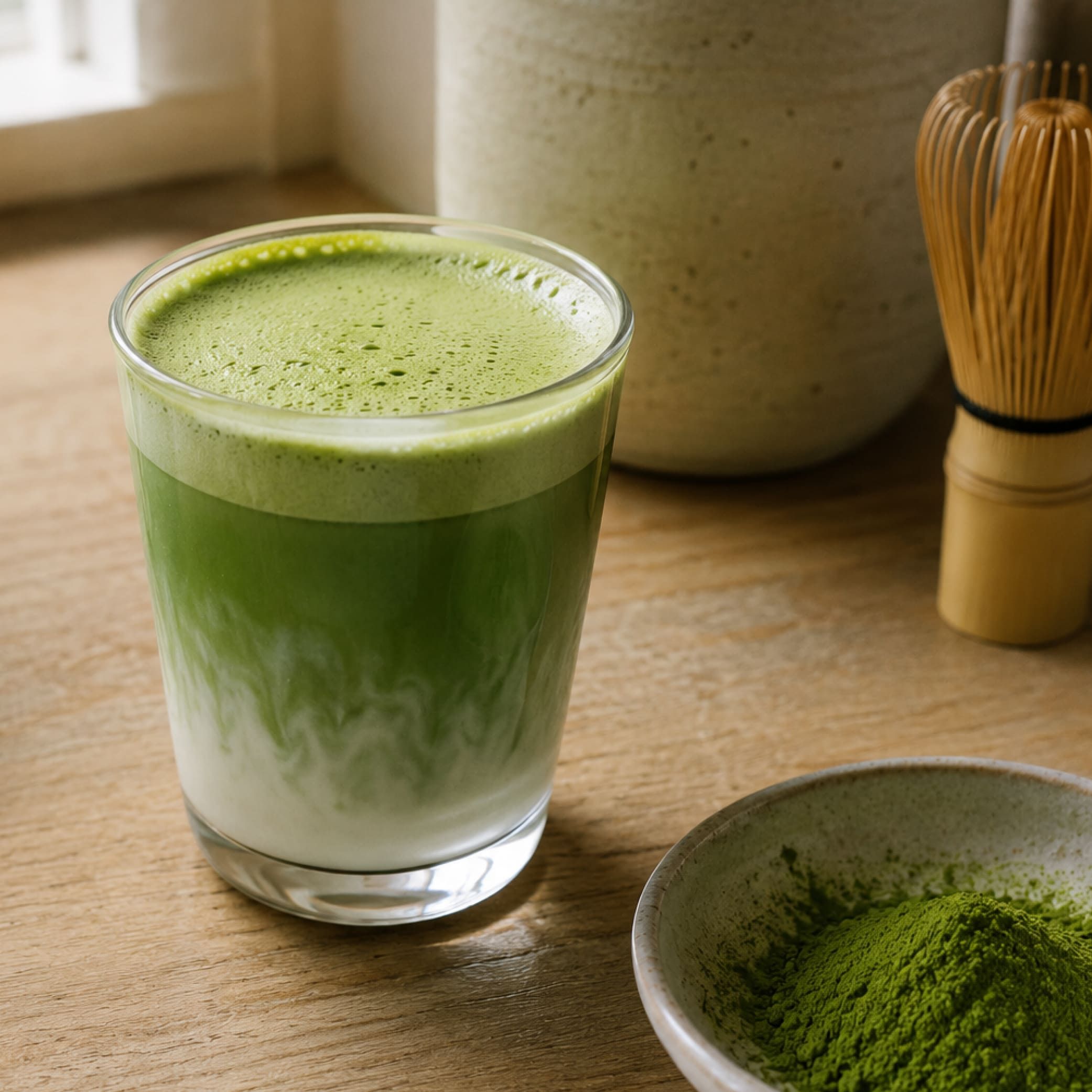 Glas mit geschichtetem Matcha Latte, daneben eine kleine Schale mit Pulver und Bambusbesen.