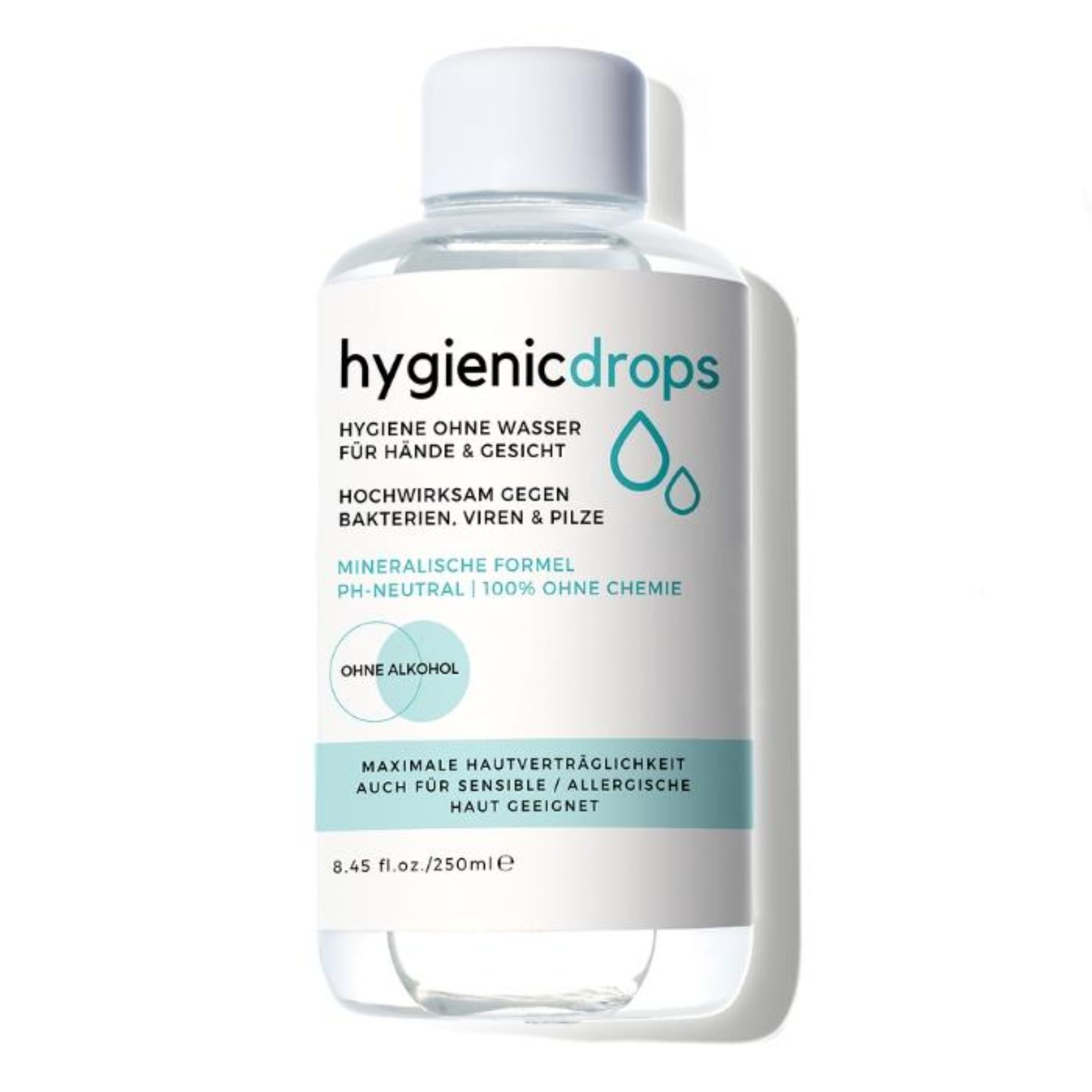 Transparente Flasche mit weißem Deckel. Aufschrift: hygienicdrops. Text: Hygiene ohne Wasser für Hände & Gesicht. Wirksam gegen Bakterien, Viren & Pilze. Ohne Alkohol.