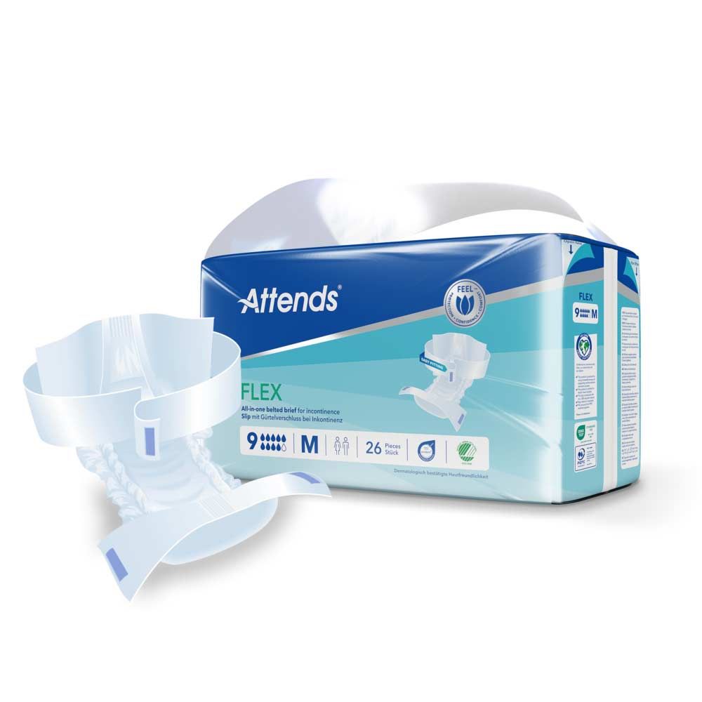 Attends Flex 9 Medium. Packung mit 26 Stück. Einzelne Inkontinenzeinlage daneben. Blaue Verpackung mit Produktbezeichnung und Logo.
