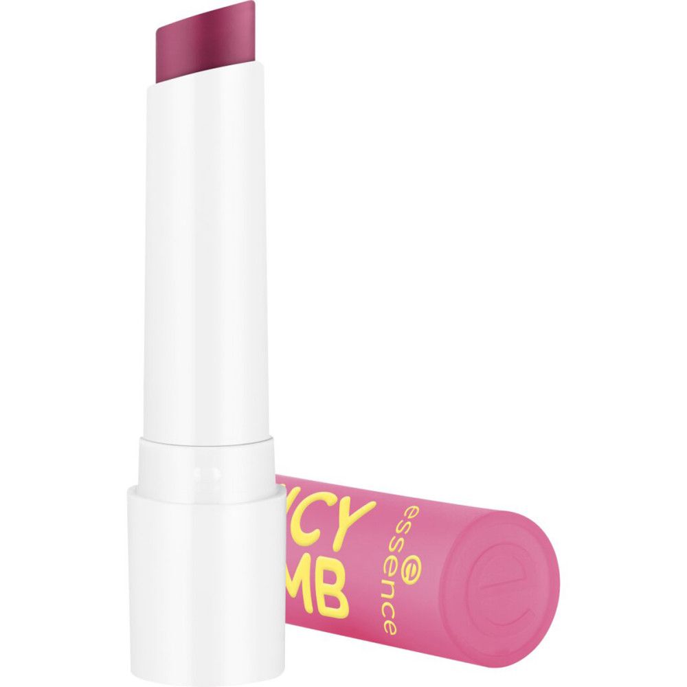 Weißer Lippenbalsam-Stift mit geöffneter Kappe. Rosa Lippenbalsam sichtbar. Daneben liegt ein rosa Stift mit gelbem Schriftzug.