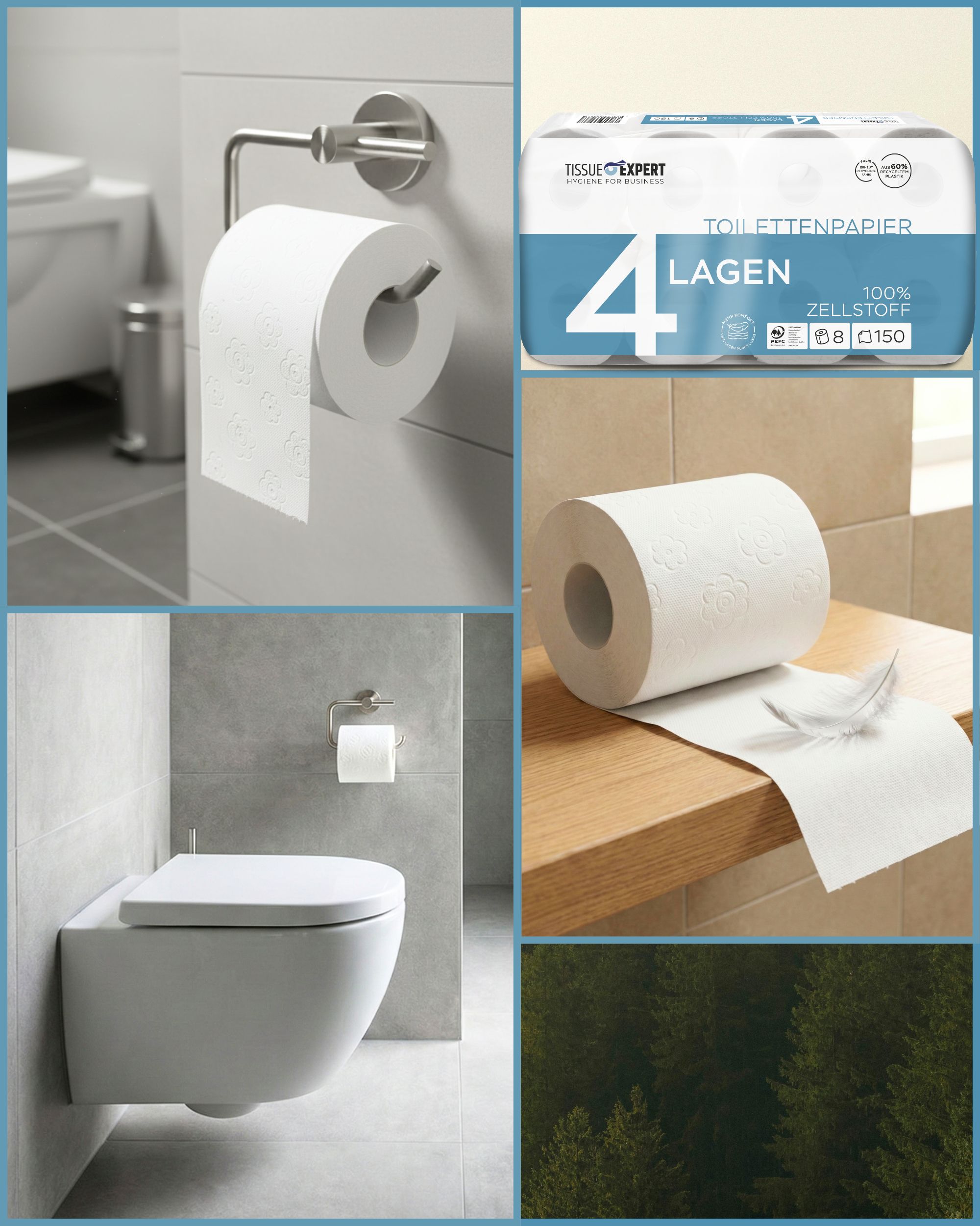 Collage mit Toilettenpapier. Rollen in Halterung, Packung mit 4 Rollen, einzelne Rolle auf Holzablage.