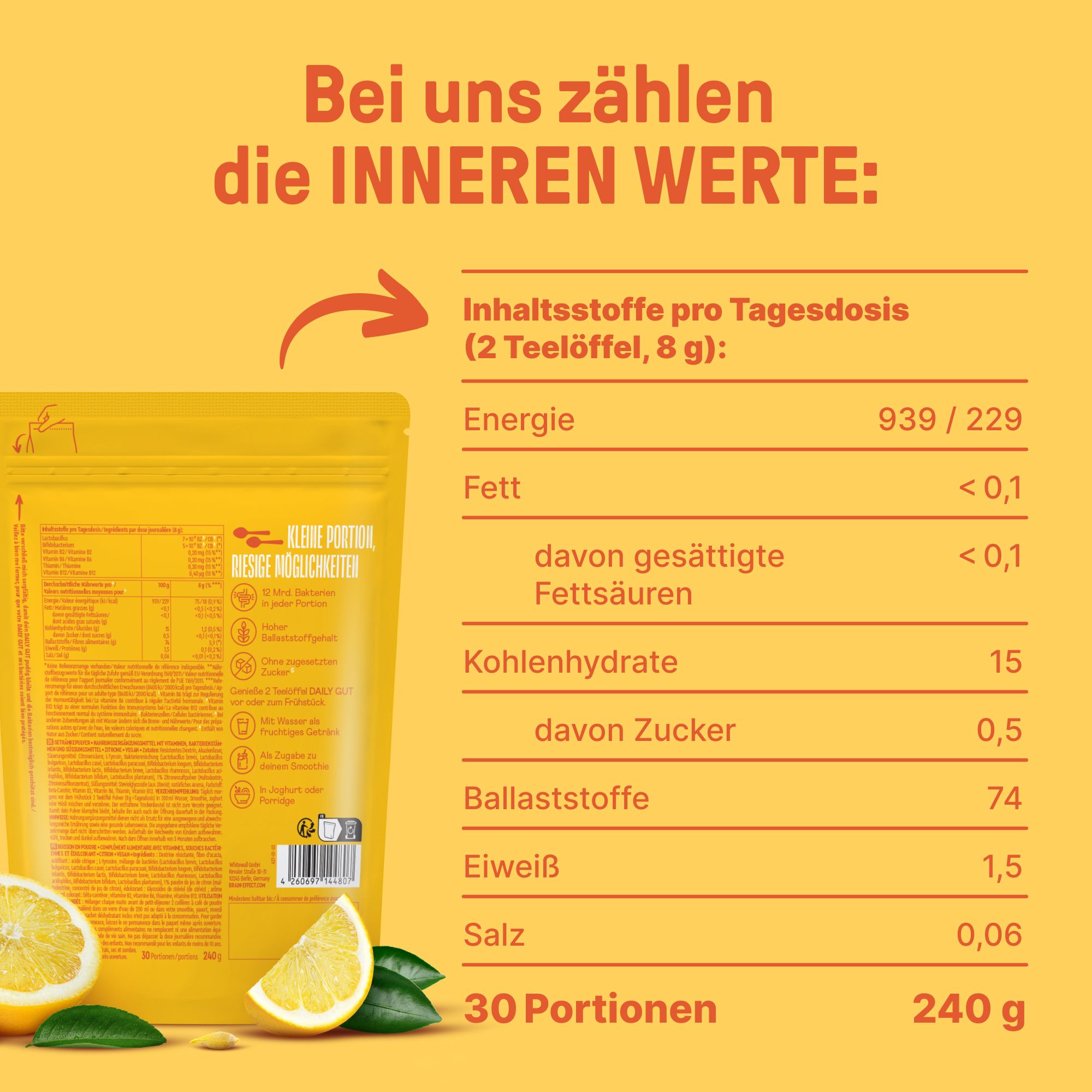 Nährwerttabelle auf gelbem Hintergrund. Enthält Informationen zu Energie, Fett, Kohlenhydraten, Zucker, Ballaststoffen, Eiweiß und Salz.