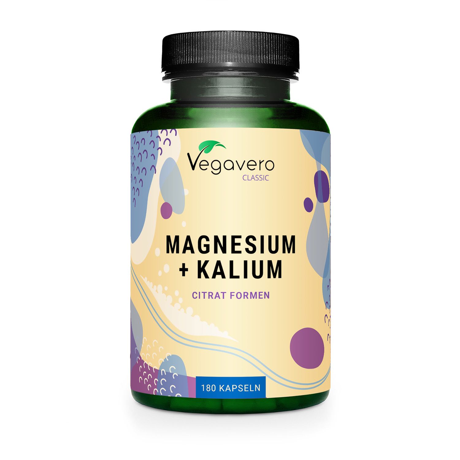 Grüne Flasche mit schwarzem Deckel. Aufschrift: Magnesium + Kalium, Citrat Formen. 180 Kapseln. Marke Vegavaro.
