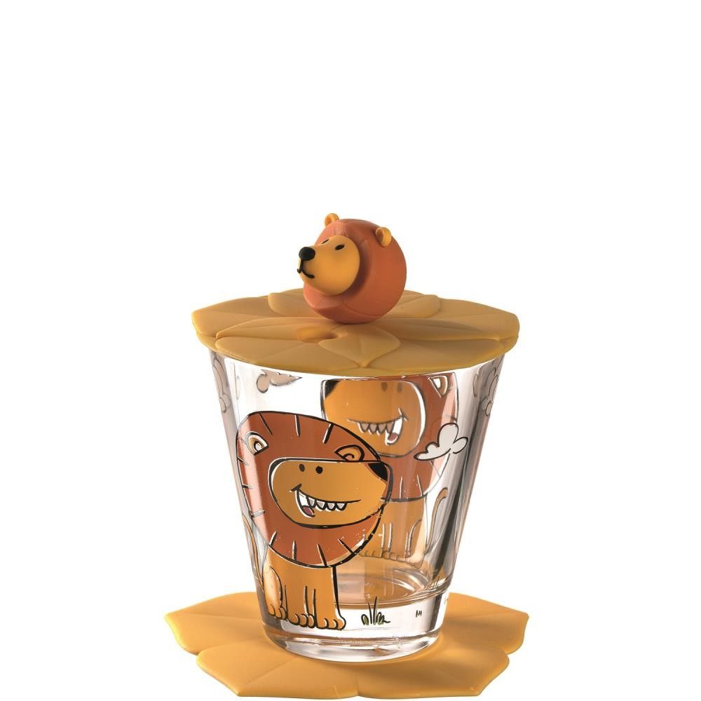 Glas mit Löwen-Dekor, gelbem Deckel und Untersetzer. Auf dem Deckel befindet sich eine Löwenfigur. Kindertrinkset.