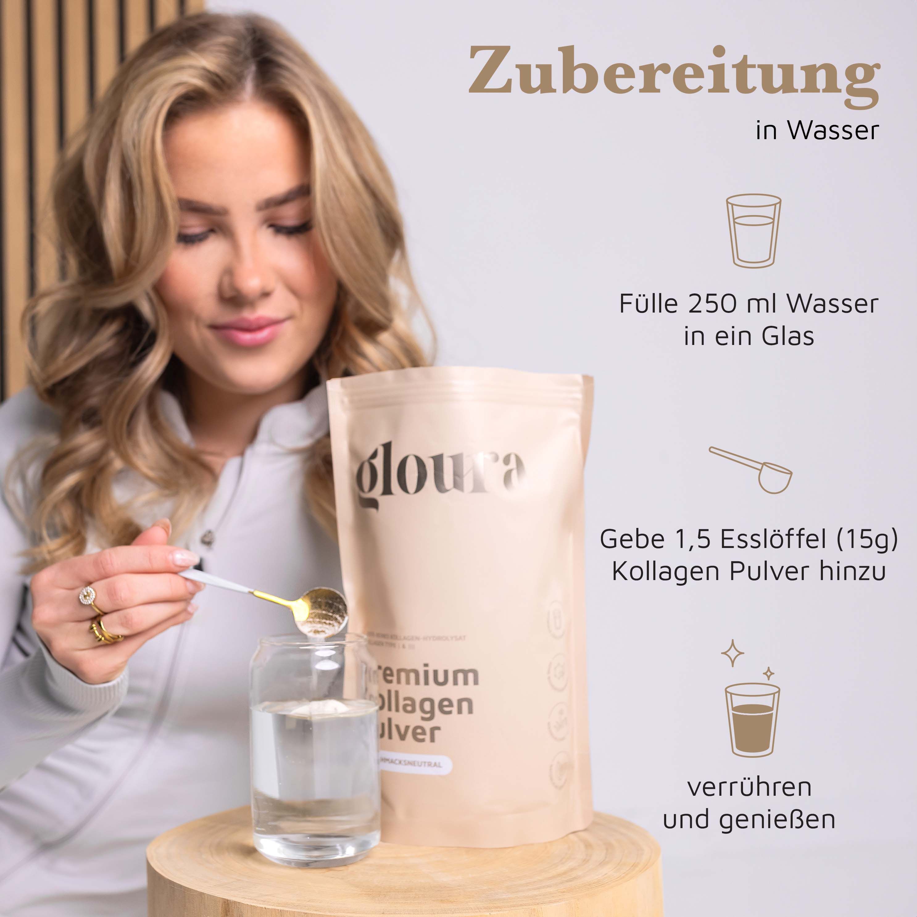 Frau bereitet Kollagen Pulver zu. Anweisungen: 250 ml Wasser in ein Glas, 1,5 Esslöffel Pulver hinzufügen, verrühren.
