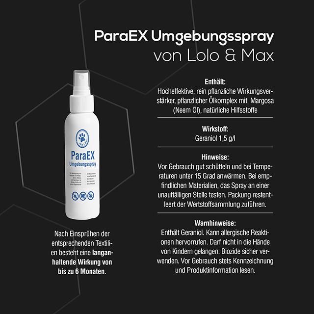 Schwarzer Hintergrund mit Produktinformationen. ParaEx Umgebungsspray von Lolo & Max. Enthält Geraniol.
