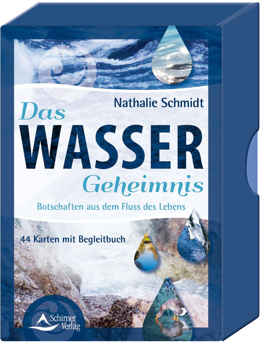 Kartenbox mit Titel "Das Wasser-Geheimnis" von Nathalie Schmidt. Enthält 44 Karten und ein Begleitbuch. Schirmer Verlag Logo.
