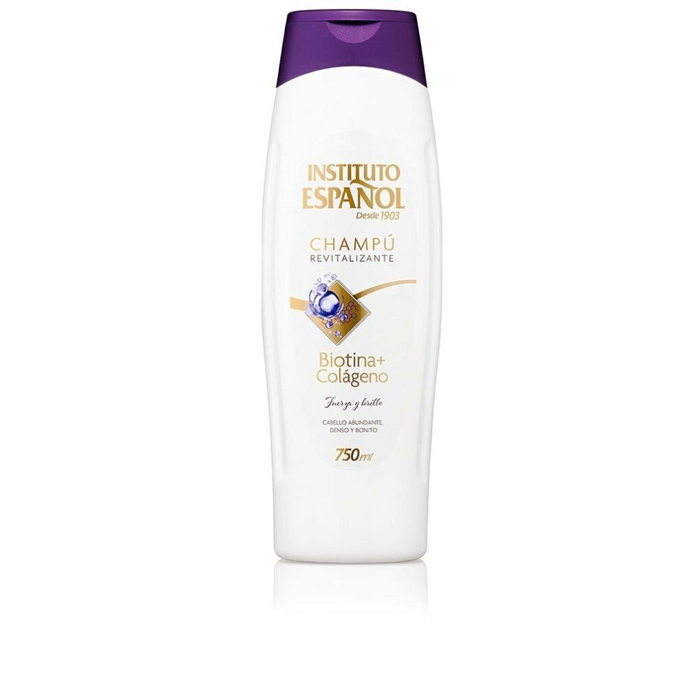 Weißes Shampoo mit lila Verschluss. Aufschrift: Instituto Español, Champú Revitalizante, Biotin + Colágeno. 750ml.